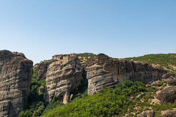 Monasteries of Meteora in Kalampaka, Thessaly (Central Greece) buildings on top of giant rock formations  