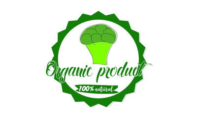 Logo of 100% natural organic product - broccoli. The sign is suitable for packaging, eco organic product, business, food label design.