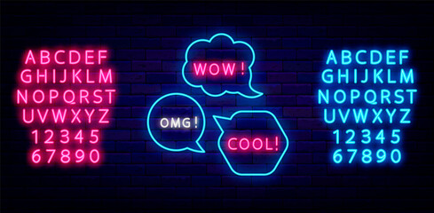 Speech bubbles neon sign collection. Wow and coll text. Blue and pink alphabet. Luminous label. Vector illustration