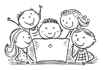 Happy office workers team discussing new project at the computer