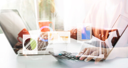 Businessman working with smart phone and laptop and digital tablet computer in office with digital marketing media in virtual icon
