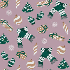 Vector seamless festive pattern. Flat gold, white and green Christmas toys, knitted scarf, mittens, gift boxes isolated on gray pink background.