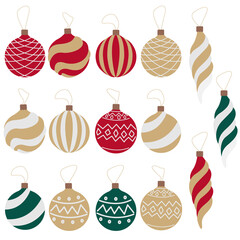 Vector set of gold, green, red flat christmas balls isolated on white background.
