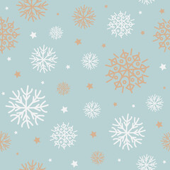 Vector seamless winter pattern. Flat white and bronze snowflakes and stars isolated on light blue background.
