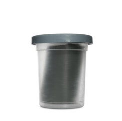 Plastic container of grey play dough isolated on white