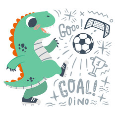 Cute little dinosaur Plays Soccer. Dino plays with ball on dark background vector illustration. Ideal for cards, poster, prints, anniversary, nursery clothing, kids room