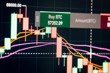 Bictoin Stock Market Candlestick Chart. Buy or Sell Cryptocurrency Bitcoin. Pc display closeup, macro picture. 