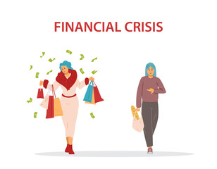 Financial crisis and social gap between poor and reach, flat vector illustration.