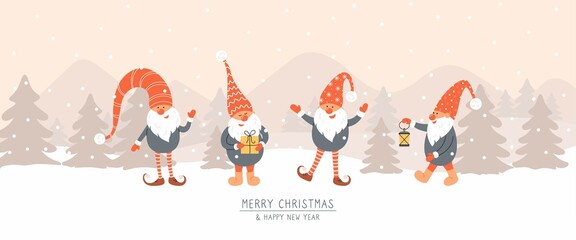 Hand draw vector illustration banner with cute gnomes in snow forest. Merry  Christmas and Happy New Year. Scandinavian trendy style.