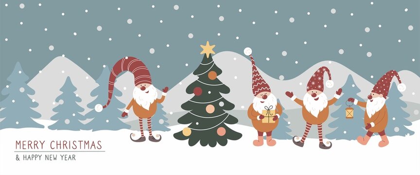 Hand draw vector illustration banner with cute gnomes in snow forest and Christmas tree. Merry Christmas and Happy New Year. Scandinavian trendy style.