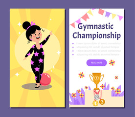 Gymnastic championship for kids onboarding pages set, flat vector illustration.