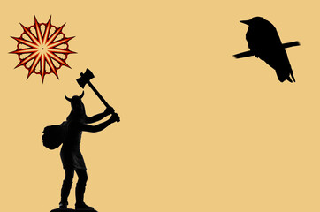 Silhouette of an Old Norse God Odin in the guise of a Viking warrior with double-headed axe and pattern with thorns on the left, a crow sitting on a branch, on the right, beige background, free space - obrazy, fototapety, plakaty