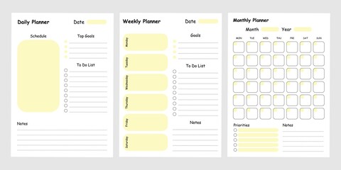 Modern collection of daily weekly monthly planner printable template with yellow ellements. Collection of note paper, to do list, stickers templates. Blank white notebook page A4 - obrazy, fototapety, plakaty