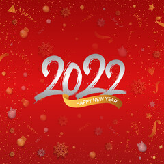 happy new year 2022 silver number with golden ribbon isolated red background