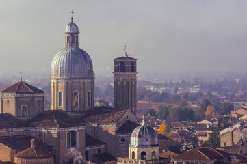 Fototapeta na wymiar Padova city Duomo Cathedral from above aerial view