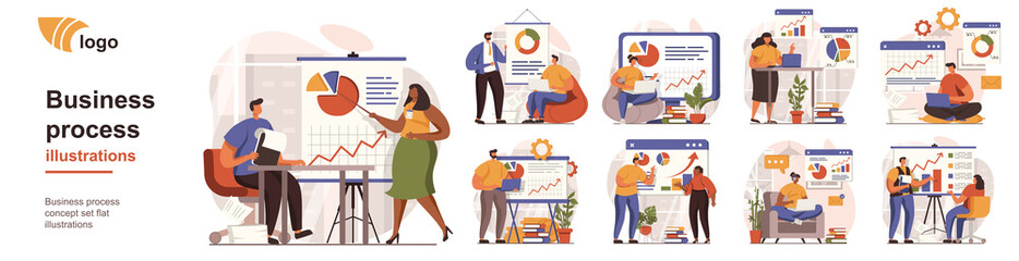 Business process concept isolated person situations. Collection of scenes with people colleagues analyze data, create success strategy, collaborate. Mega set. Vector illustration in flat design