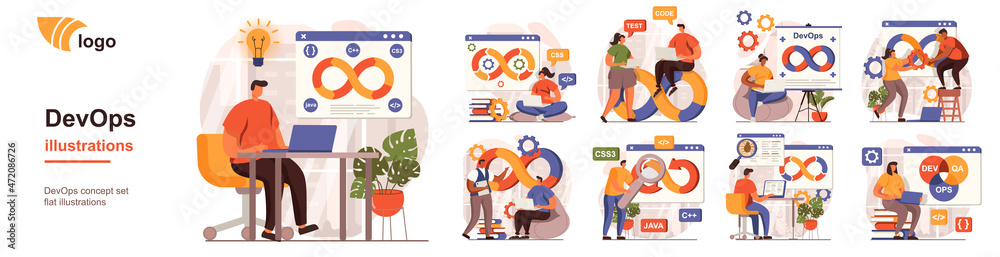 Aufkleber DevOps concept isolated person situations. Collection of scenes with programmers working on software development, operations process, technical support. Mega set. Vector illustration in flat design