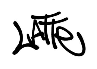 Sprayed latte font graffiti with overspray in black over white. Vector illustration.