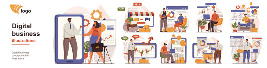 Digital business concept isolated person situations. Collection of scenes with people employees analyze financial data on stock chart, create strategy. Mega set. Vector illustration in flat design