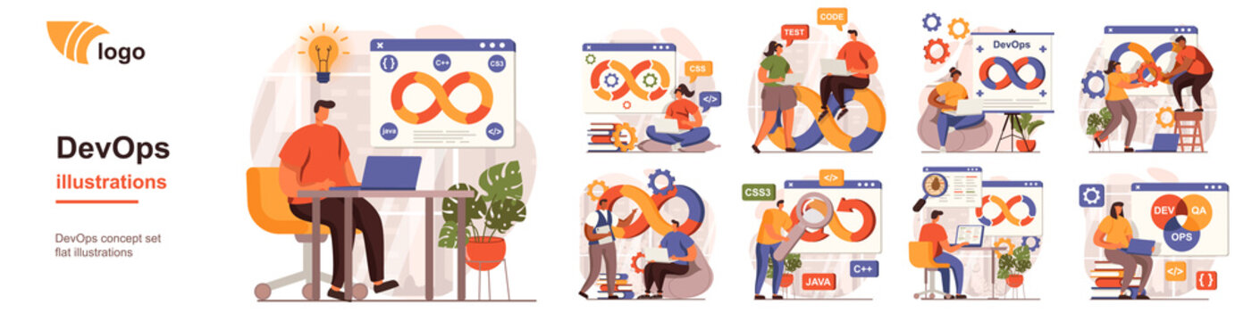 DevOps concept isolated person situations. Collection of scenes with programmers working on software development, operations process, technical support. Mega set. Vector illustration in flat design