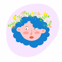 A flat illustration of a young girl with flowers in her head. People and world mental health day.