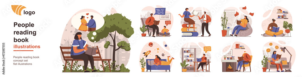 Aufkleber people reading book concept isolated person situations. collection of scenes with reading lovers pas