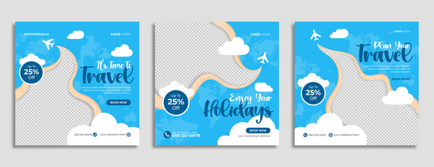 Travel agency travelling business marketing social media banner post template design with abstract background, logo and icon. Tourism, summer holiday or traveling sale promotion flyer & poster.        - obrazy, fototapety, plakaty