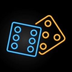 game dice neon sign, modern glowing banner design, colorful modern design trends. Vector illustration.