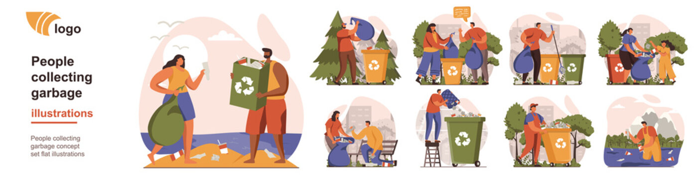 People collecting garbage concept isolated person situations. Collection of scenes with volunteers sort the trash into separate bins, protecting ecology. Mega set. Vector illustration in flat design
