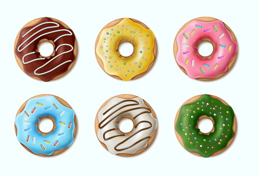 3d realistic vector collection of colorful doughnuts, glazed in chocolate.