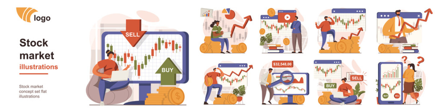 Stock market concept isolated person situations. Collection of scenes with people analyze financial statistics, buy or sell, success investment strategy. Mega set. Vector illustration in flat design