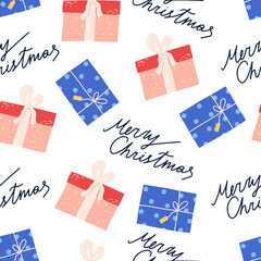 Cute Christmas seamless pattern with gift boxes and hand drawn text, flat vector illustration on white background. Great for wrapping paper or textile.