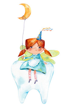 Tooth fairy funny redhead cute girl sitting on a big tooth. Watercolor hand drawn illustration. Moon and stars. Fantasy butterfly winged magic childish creature in apron and festive cap isolated.