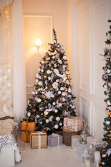 Christmas tree. Beautiful bright Studio. Fancy house. Christmas and happy New year concept.