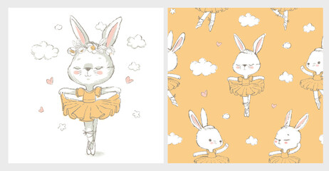 Seamless pattern with the sweet ballerina bunny illustration vector for print design and other uses.. Can be used for t-shirt print, kids wear fashion design, baby shower invitation card