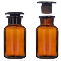 Vintage pharmacy amber bottle, isolated. Old medicine bottle on white background