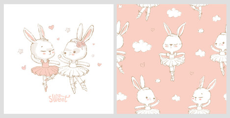Seamless pattern with the sweet dancing cartoon ballerina bunny. Dancing rabbit pattern. Can be used for baby t-shirt print, kids fashion design, baby shower card