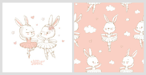 Seamless pattern with the sweet dancing cartoon ballerina bunny. Dancing rabbit pattern. Can be used for baby t-shirt print, kids fashion design, baby shower card © FoxyImage