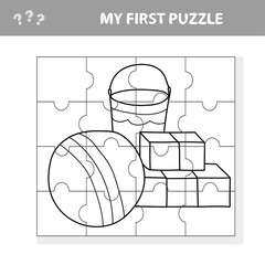 Kindergarten childish toys, vector. Jigsaw puzzle for kids. My first puzzle and coloring page