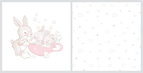 Seamless pattern with Cute little hares and mom. Cute white baby bunnies take baths in a cup. Can be used for baby t-shirt print, kids fashion design, baby shower card