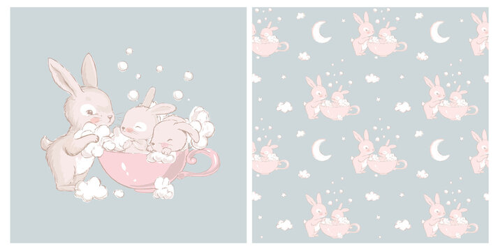 Seamless pattern with Cute little hares and mom. Cute white baby bunnies take baths in a cup. Can be used for baby t-shirt print, kids fashion design, baby shower card
