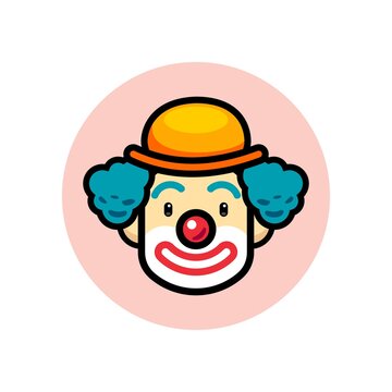 Joker smile vector illustration mascot with blue hair wig, make up and hat. Red nose happy joker head cartoon. jester funny Character art