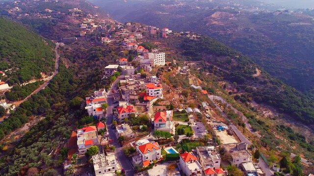 Aerial view of the lebanese village and valley. Flying over the village. Travel destination. Vacation time