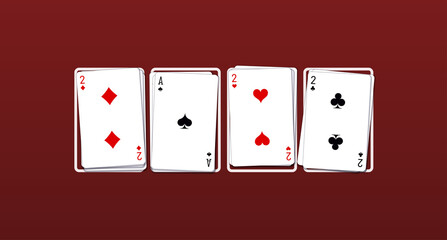 2022 Happy New Year casino style greeting card with playing cards different suits on green casino table. Merry Christmas 2K22 Xmas banner poker and blackjak desk design. New year 2022 poster top view