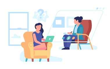 Psychologist online support. Personal virtual therapy, doctor helps patient by video communication, internet consultation, mental health treatment, vector cartoon flat isolated concept