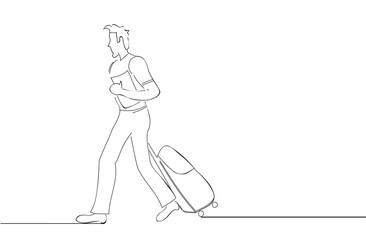 Businessman walking with travel suitcase and holding folder. For web site, ad, marketing, poster, travel agency and magazine. Creative business concept, vector illustration