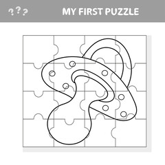 Jigsaw puzzle - parts of Pacifier. Educational children game, printable worksheet, vector illustration. My first puzzle and coloring page