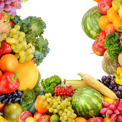 Fruits and vegetables isolated on a white . Free space for text. Collage