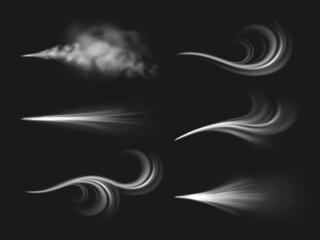 Wind flows. Realistic 3d air flows effect, different shapes isolated on black background, mist visible streams, spread gas, winter freezing cold breathing, pressurized blowing, vector set