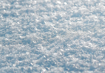 Textured loose snow. White blue background of crystalline ice.